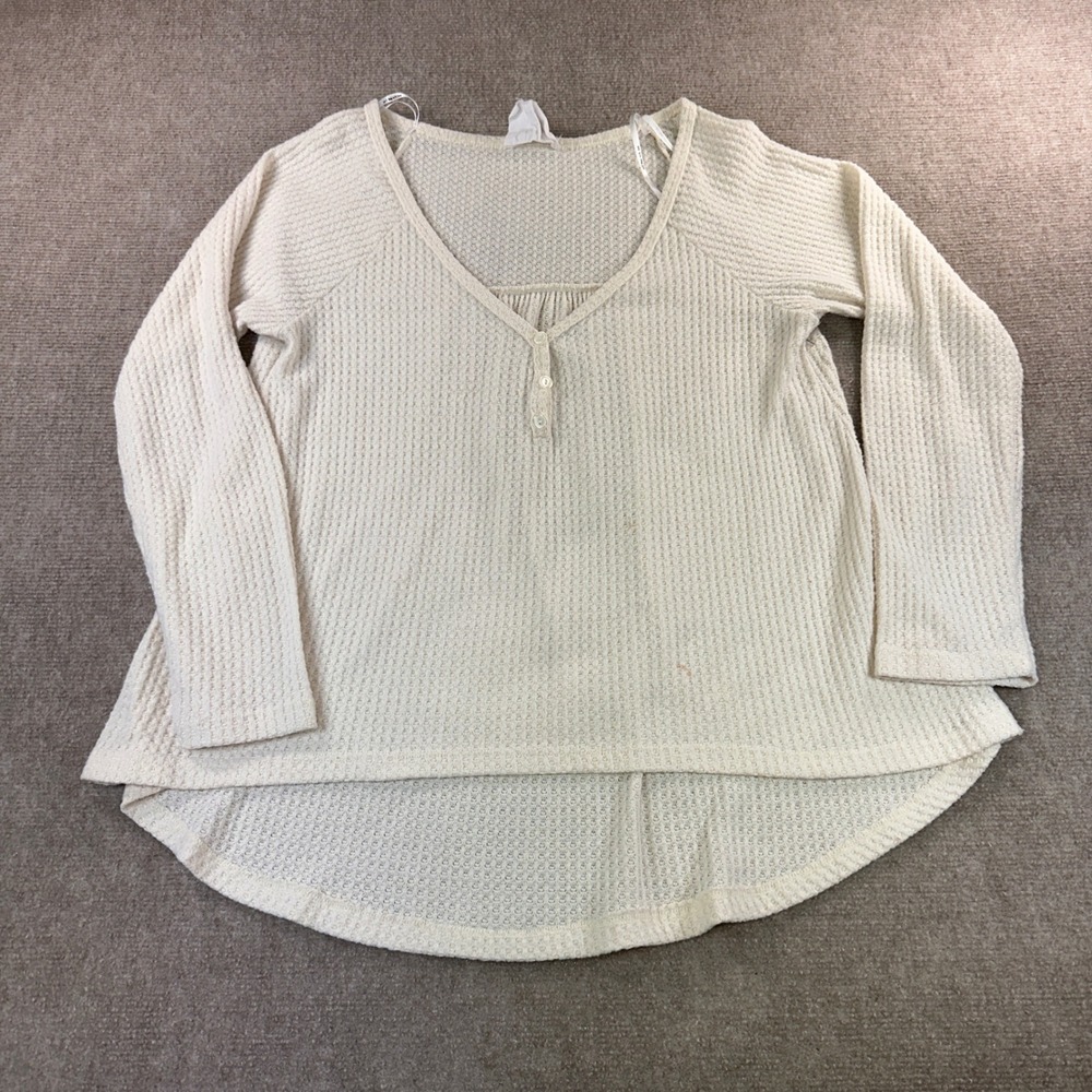 Sunday Morning Waffle Knit Henley Top Cream Long Sleeve High Low V-Neck Small